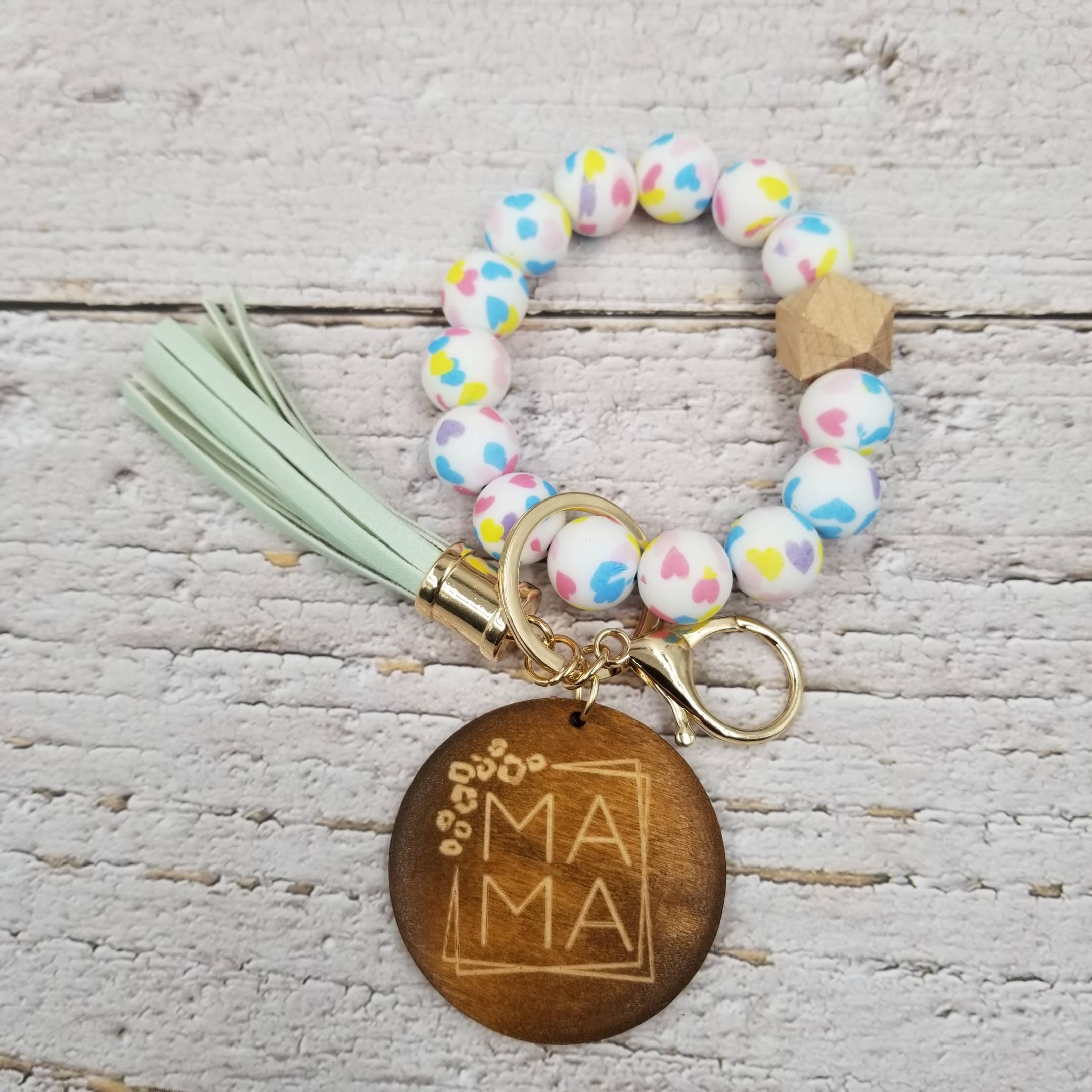 MAMA Wood Bangle Heart Keychain Tassels Bracelet