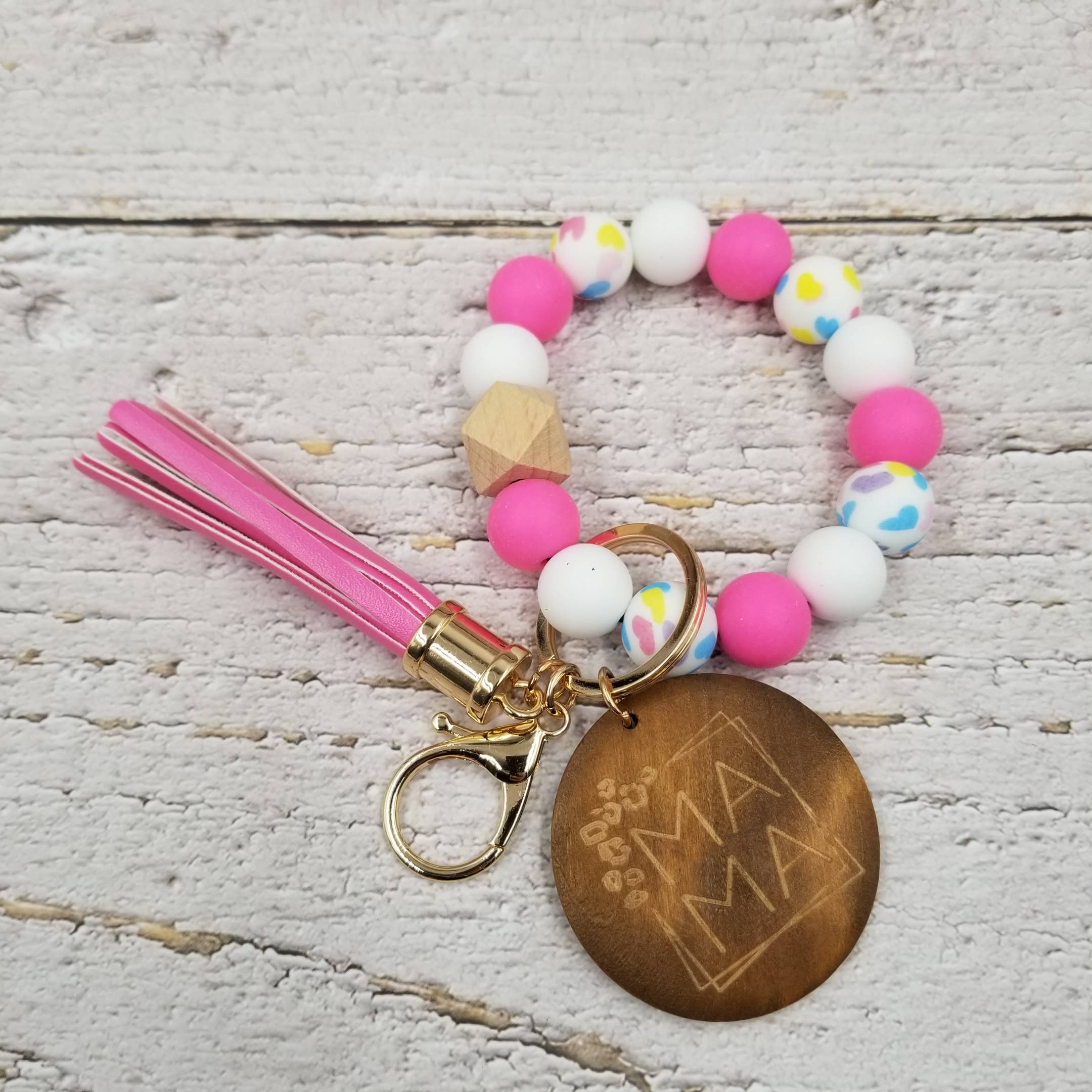 MAMA Wood Bangle Heart Keychain Tassels Bracelet